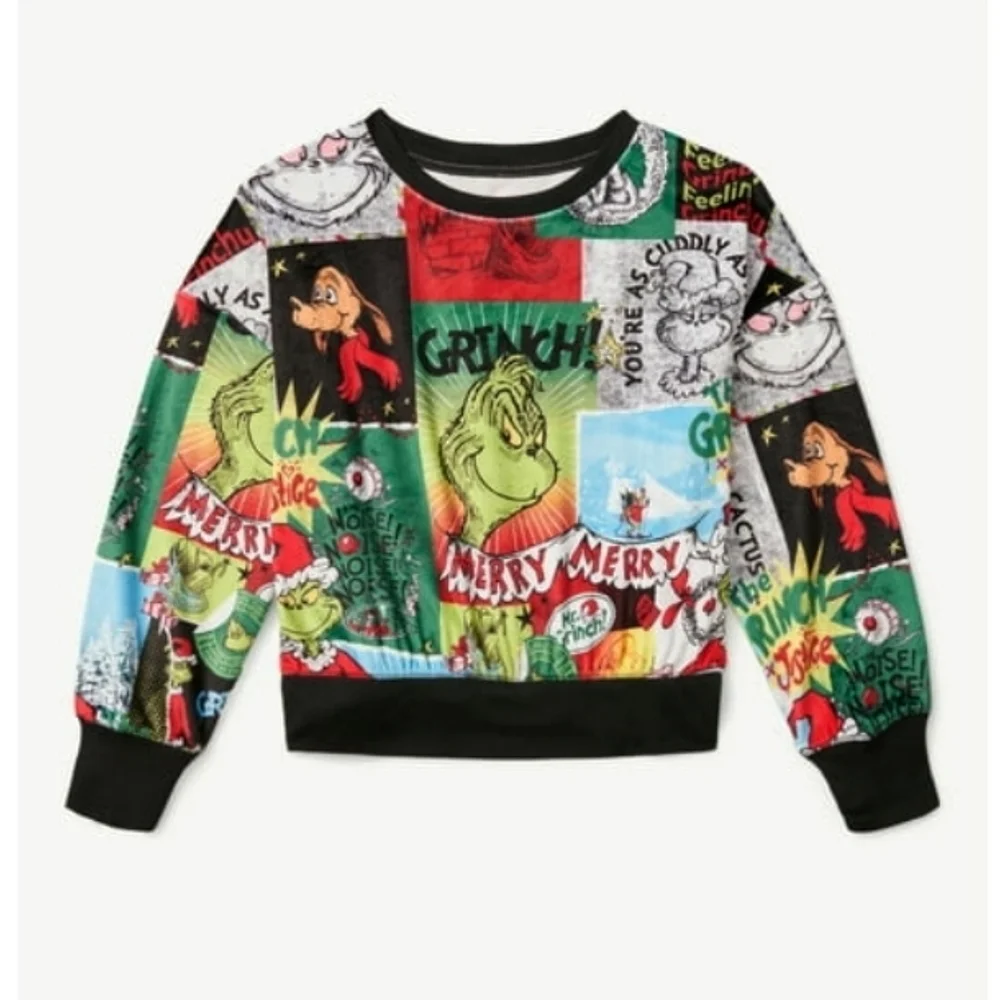 JUSTICE Girls Grinch Graphic Velour Sweatshirt, Super Soft Boxy, Christmas 7/8 S